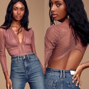 Casita Mauve Pink Sheer Lace Long Sleeve Bodysuit!